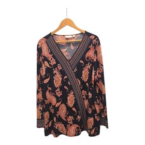Belle by Kim Gravel Black and Orange Paisley V-Neck Blouse